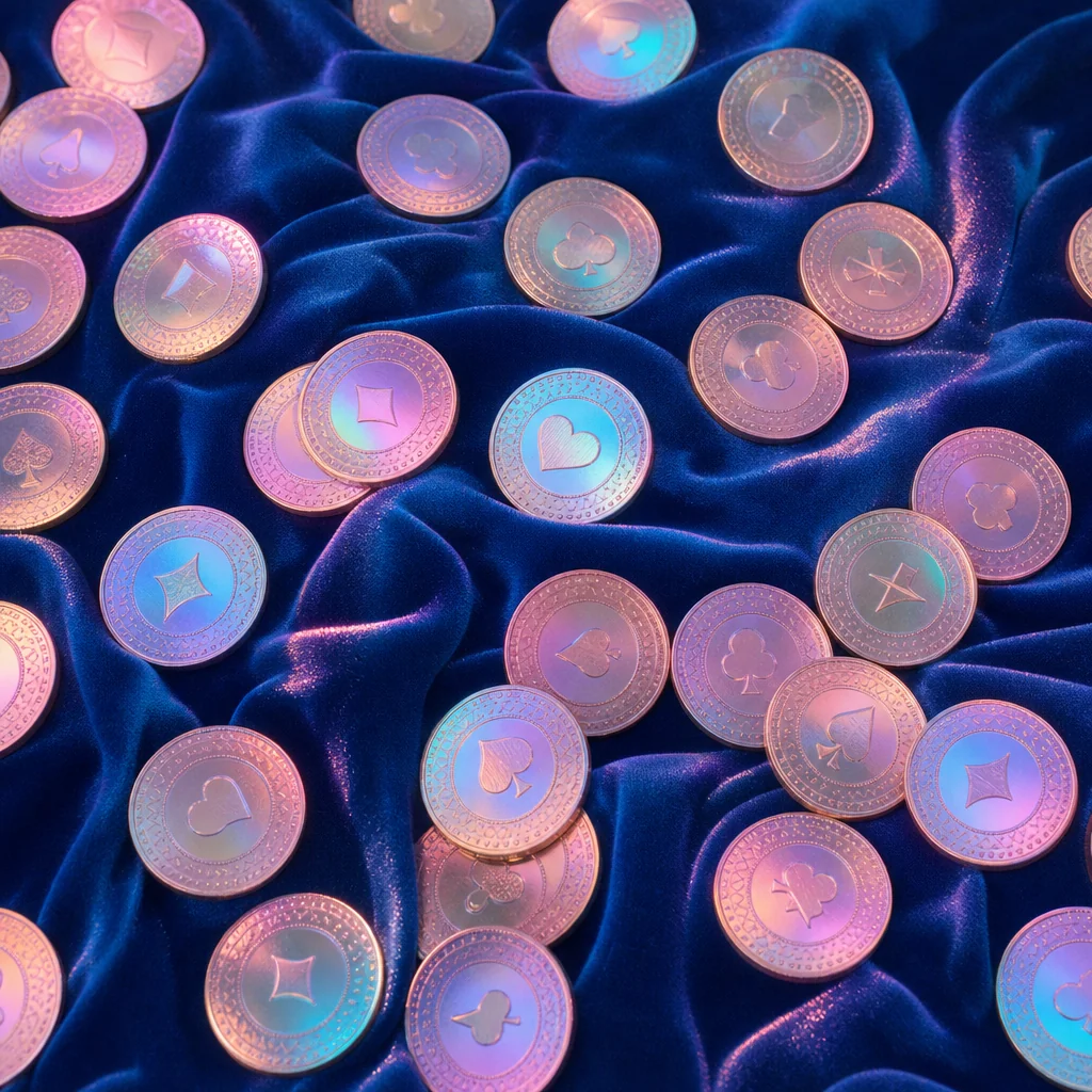 Gold coins cascading over holographic vaporwave casino chips