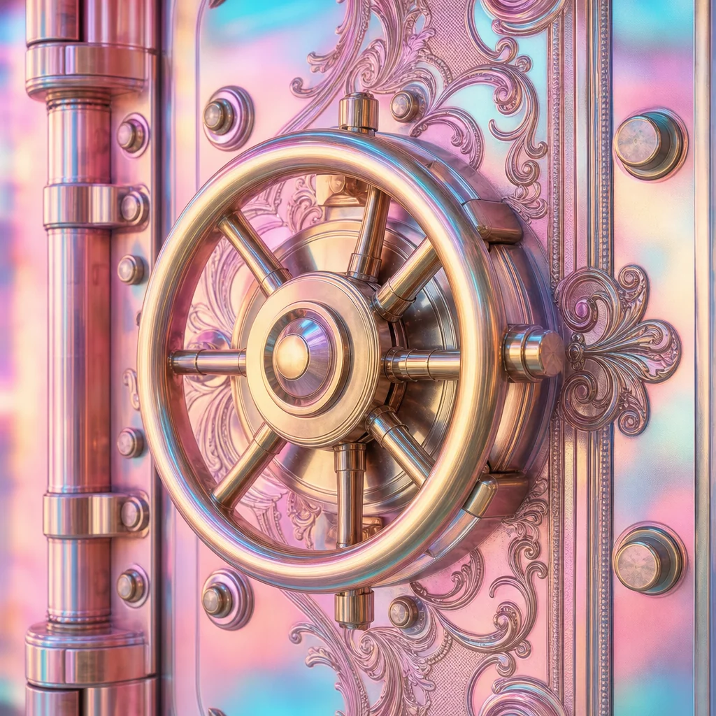 Chrome vault door glowing pastel pink with cyan accents