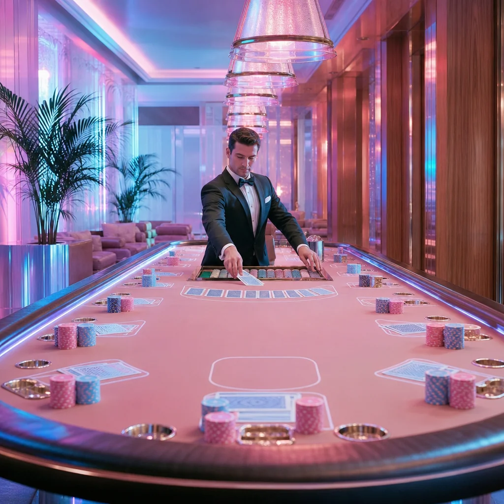 Fanned playing cards on pastel vaporwave casino table